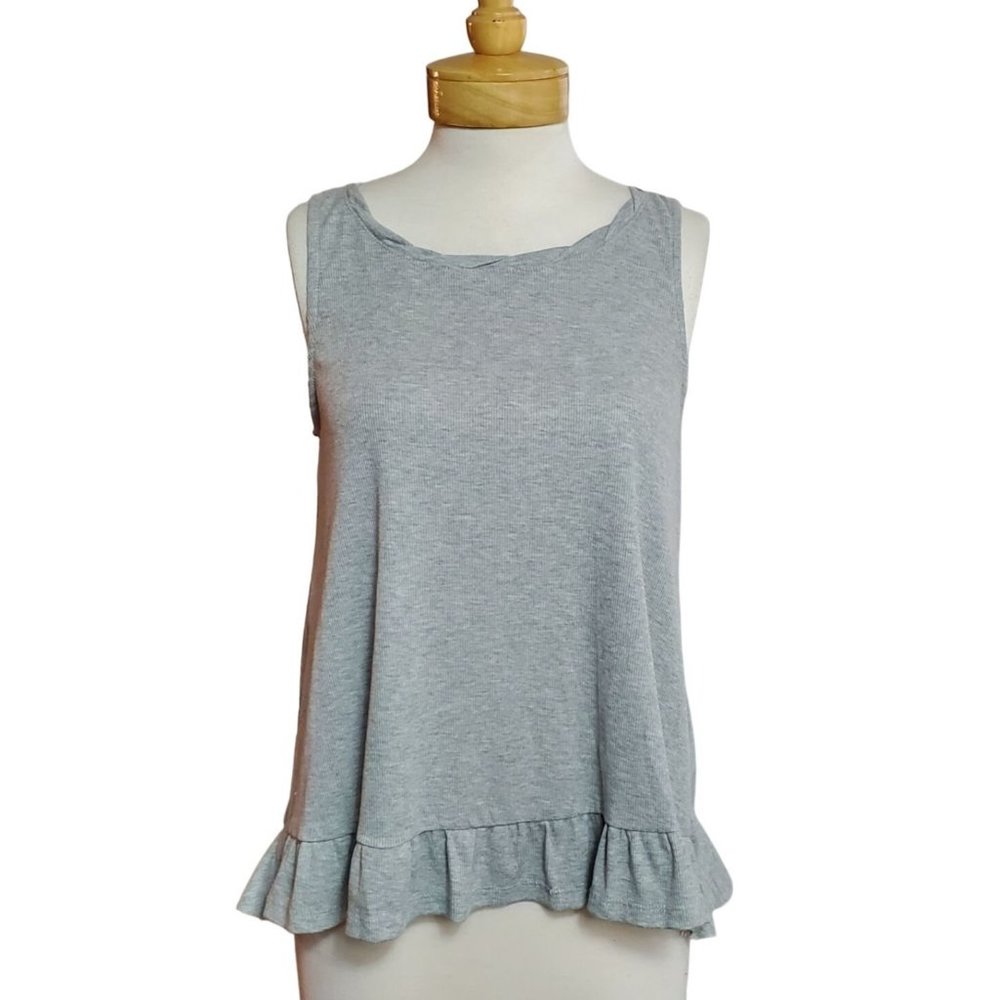 SALE Umgee Gray Rib Knit Top Tied Ruffled Back Lace Panel Tunic Top Casual Sz S